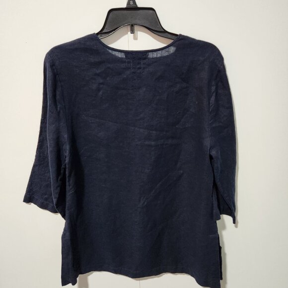 Amanda Smith Navy Blue V-Neck 3/4 Sleeve 100% Linen Blouse Top Tunic Large - Picture 7 of 7